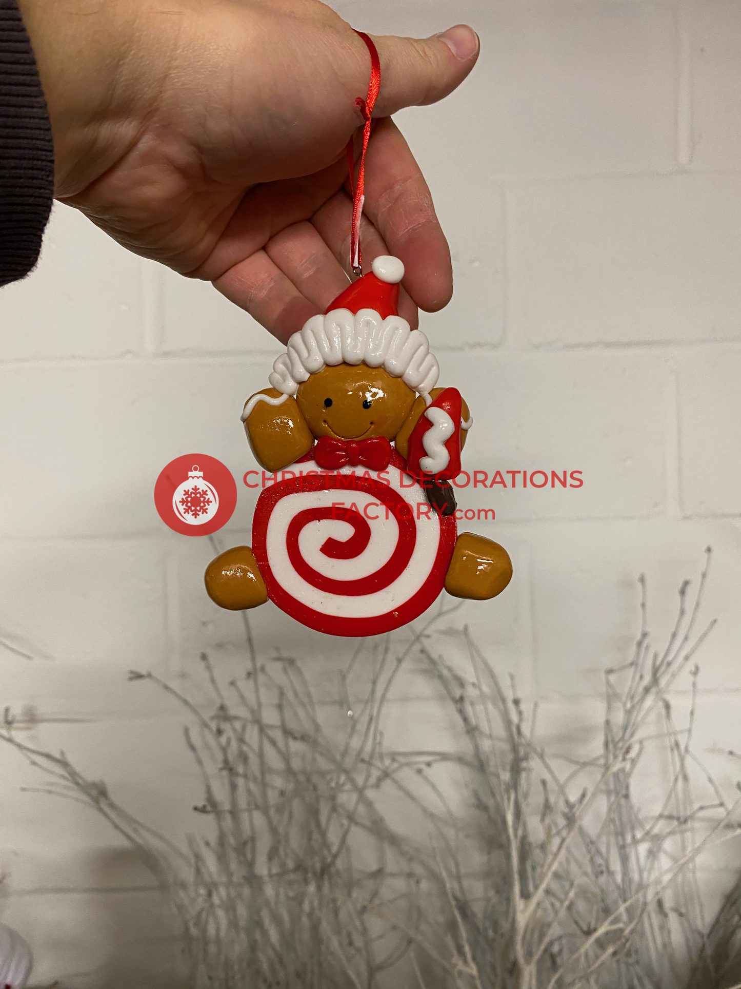 11cm Gingerbread Clay Bauble - Santa Hat Design