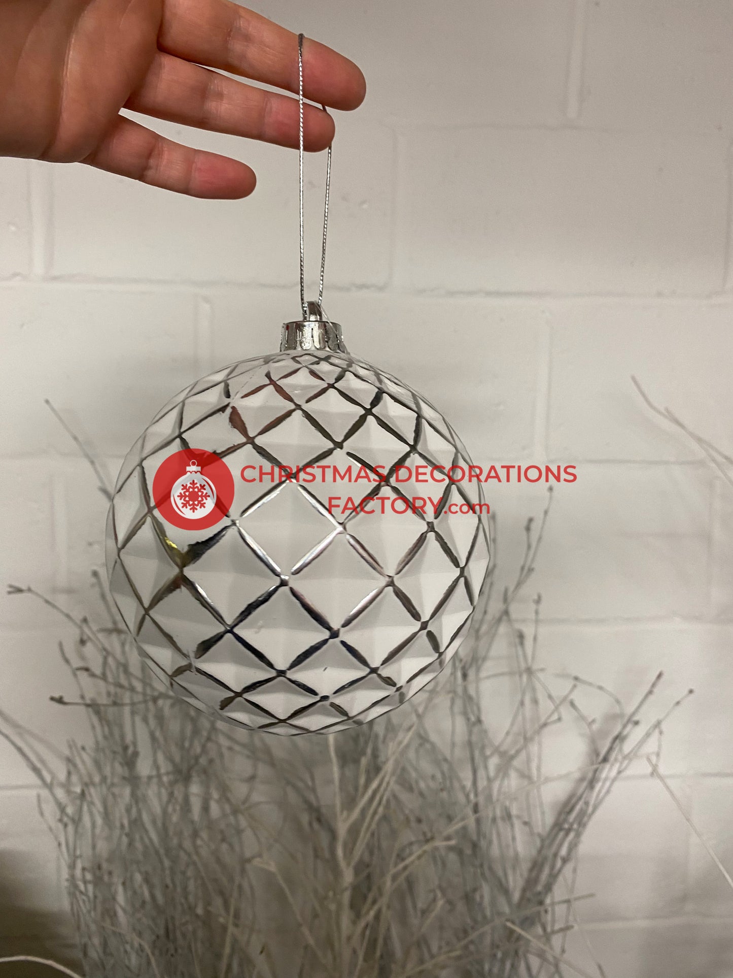 15cm Checked Silver and White Bauble