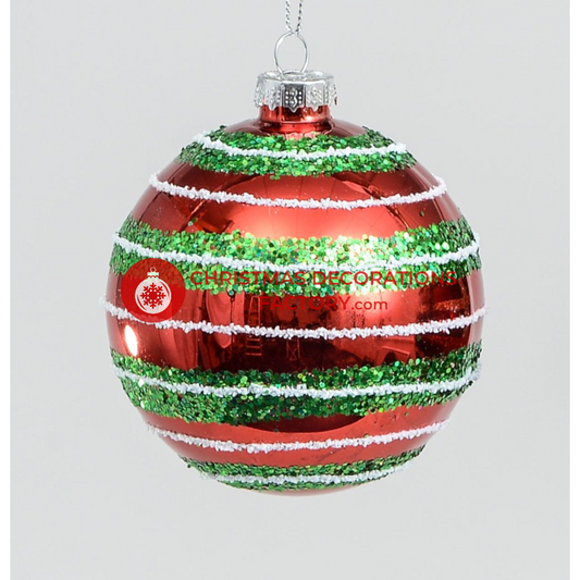 80mm Red And Green Glass Glitter Bauble