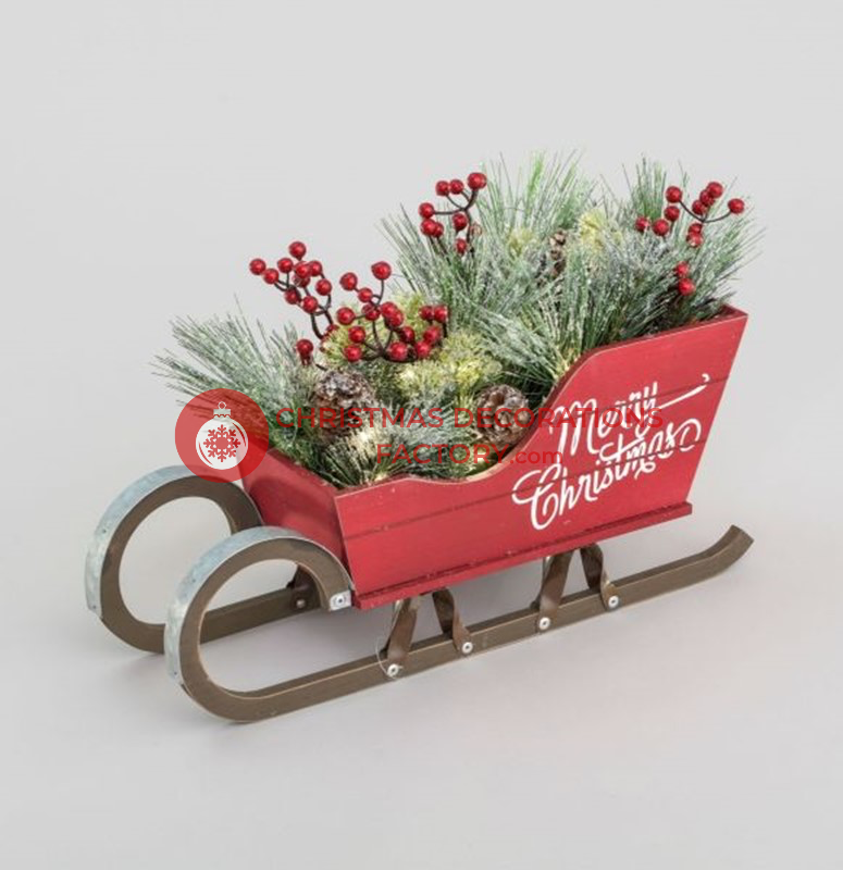 50cm Red Sleigh With Berry, Pine Cones And LED Lights