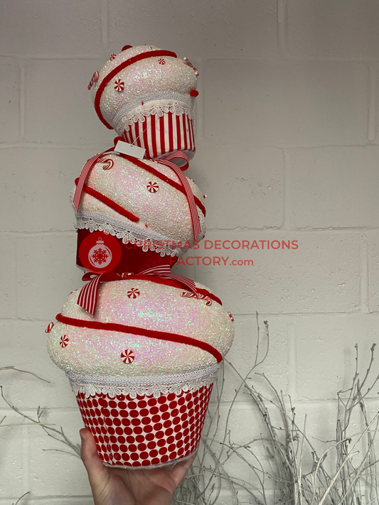 61cm Red and White Fabric Cupcakes Tower