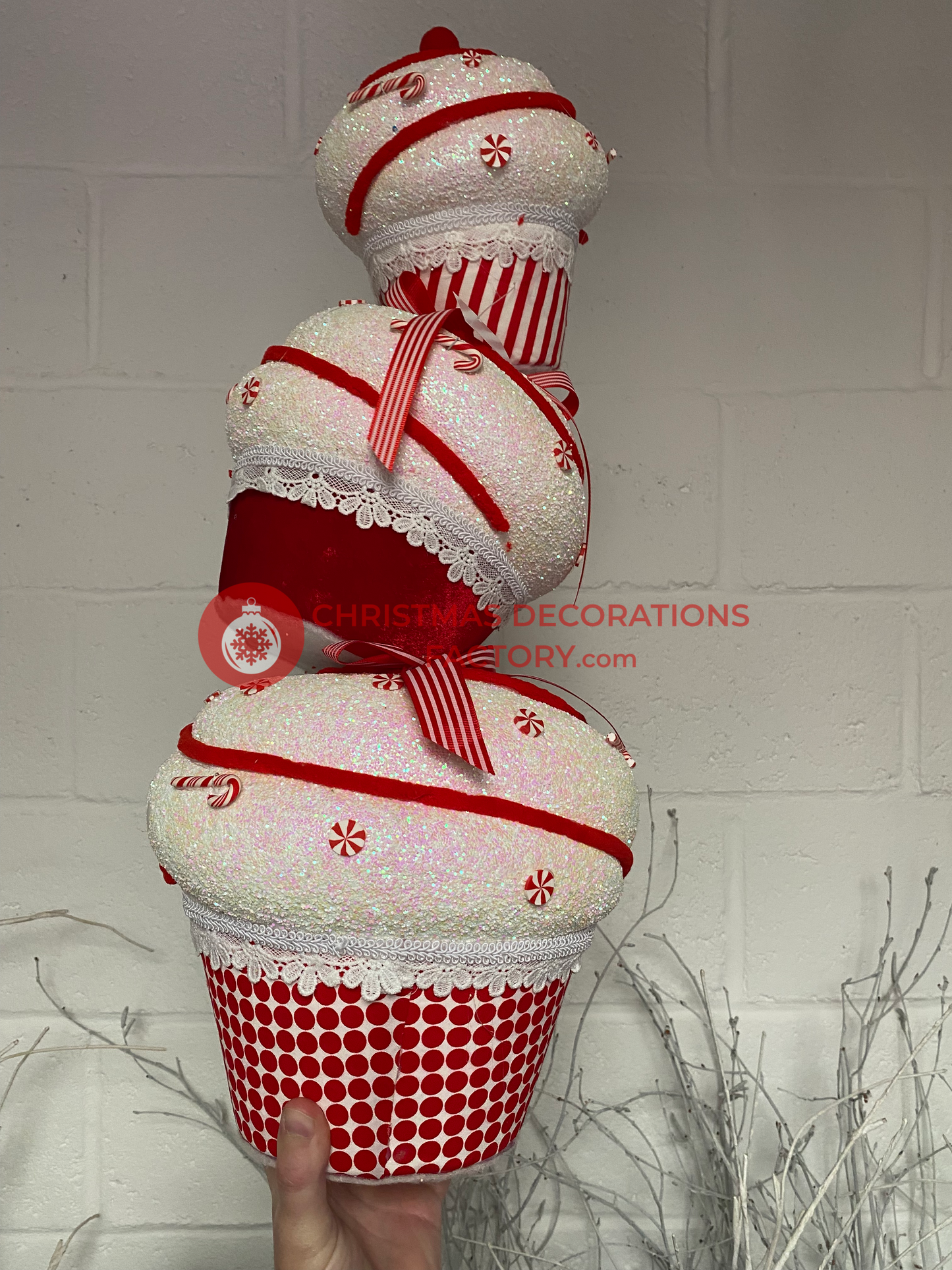 61cm Red and White Fabric Cupcakes Tower