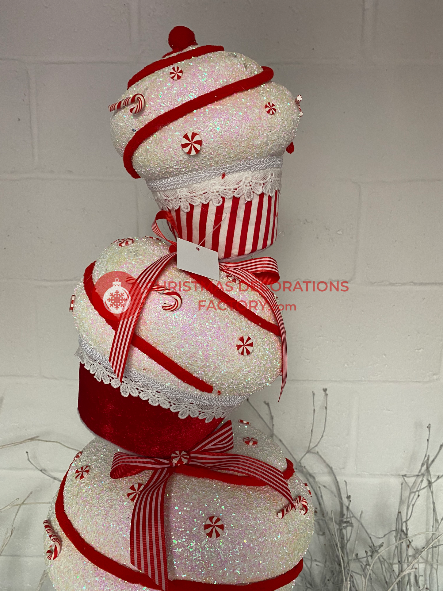 61cm Red and White Fabric Cupcakes Tower