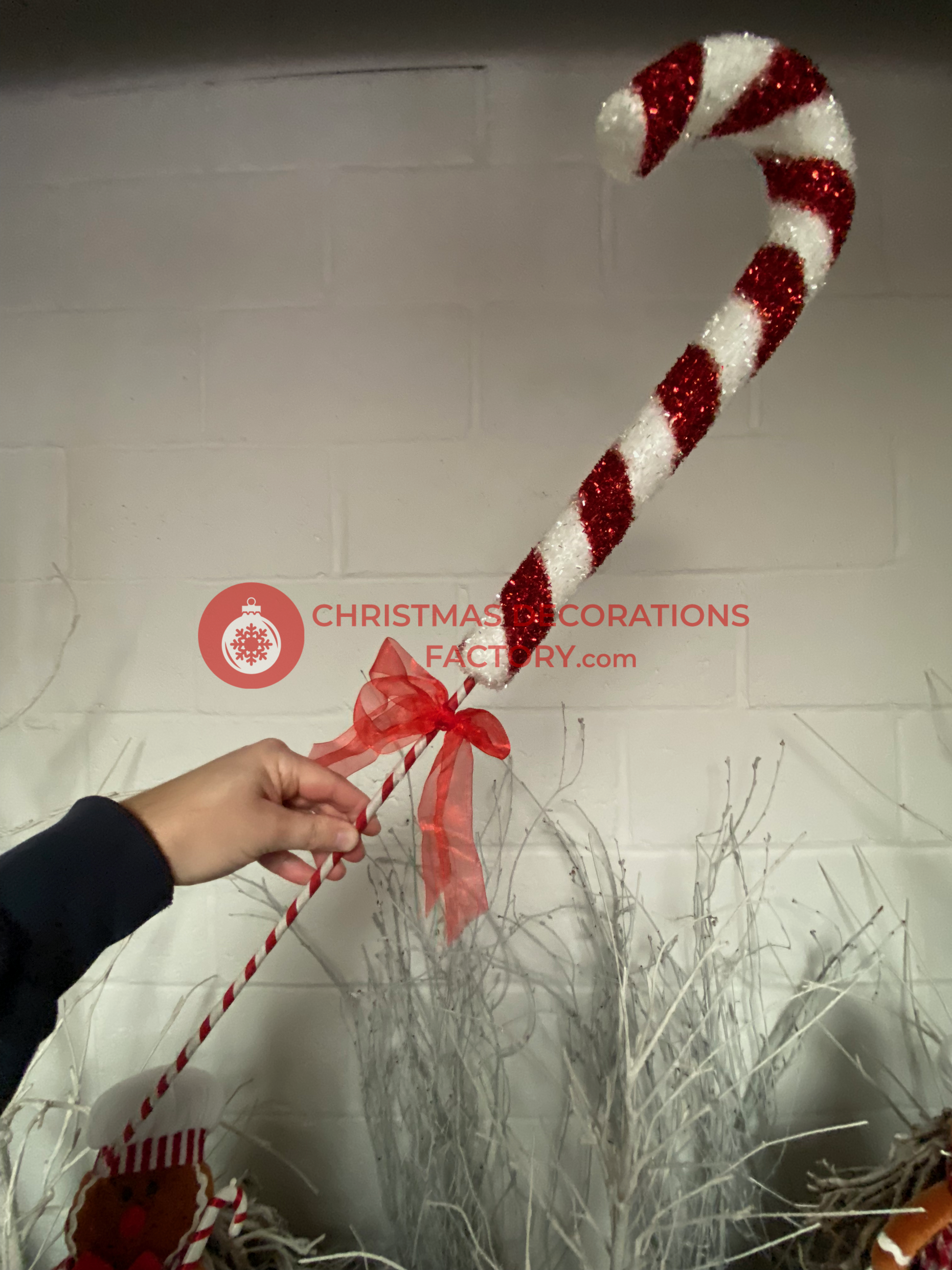 84cm Red And White Candy Cane On Stick With Ribbon