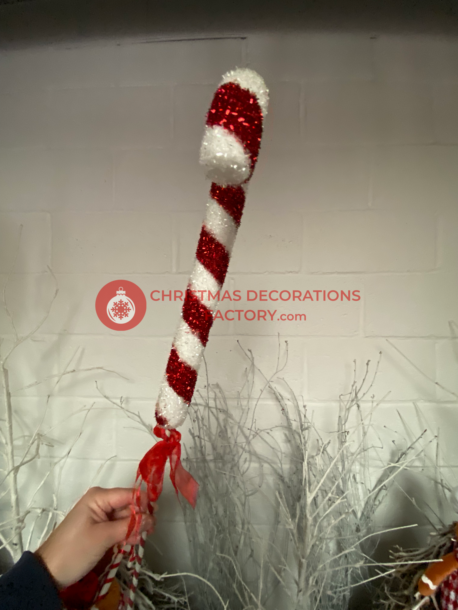 84cm Red And White Candy Cane On Stick With Ribbon
