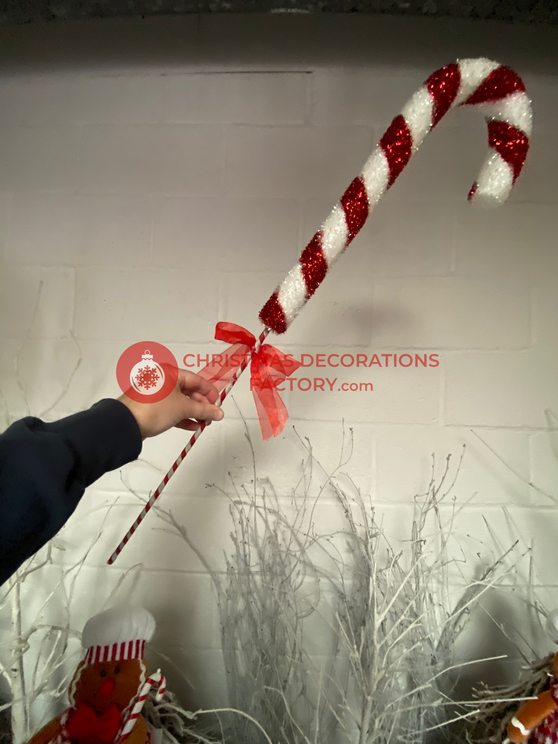 84cm Red And White Candy Cane On Stick With Ribbon