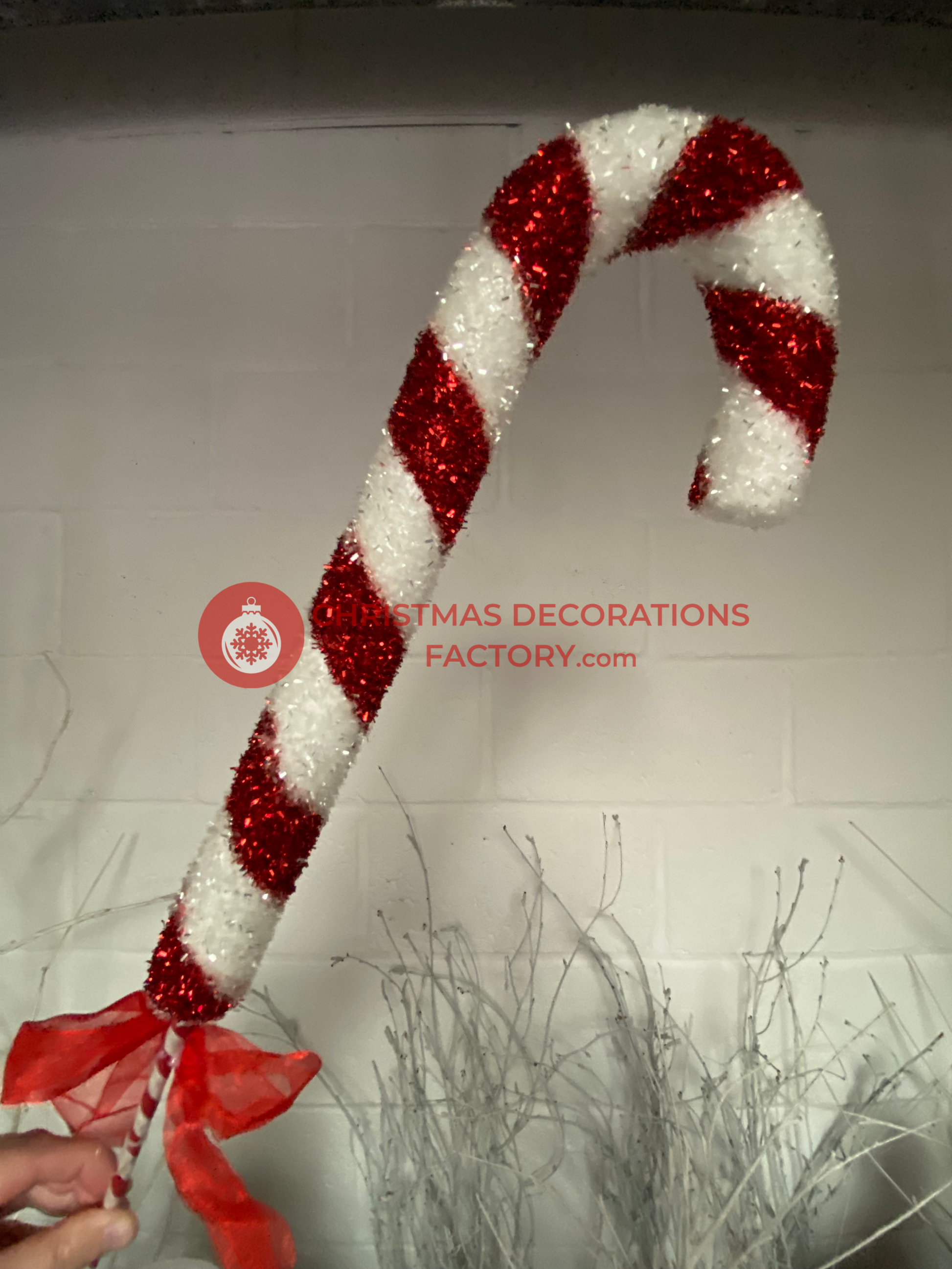 84cm Red And White Candy Cane On Stick With Ribbon